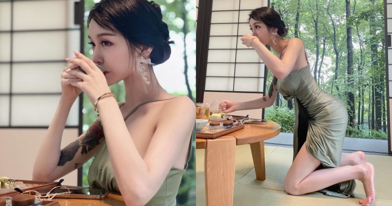 西湖龍井驚見「氣質正妹」優雅品茶，連身長裙擋不住「前凸後翹Ｓ曲線」！